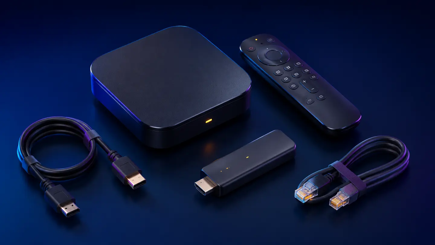 IPTV-box, TV-stick och fjärrkontroll för streaming